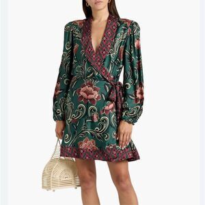 Farm Rio Arabesque Floral Mini Wrap Dress Women’s XL Long Sleeve Beaded